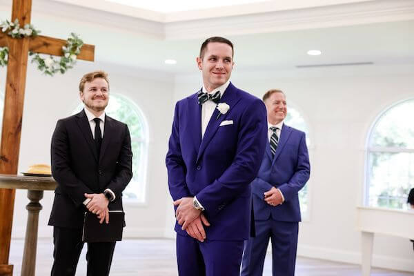 Groom waiting for his bride's arrival at the Harborside Chapel