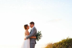 bride and groom at sunset on clearwater beach