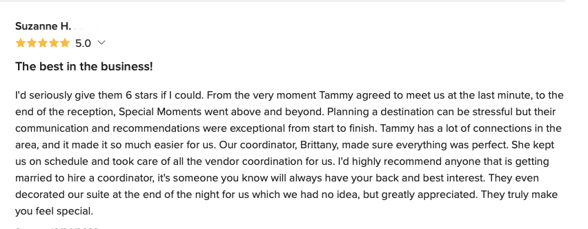 5 Star Review for Special Moments Event Planning