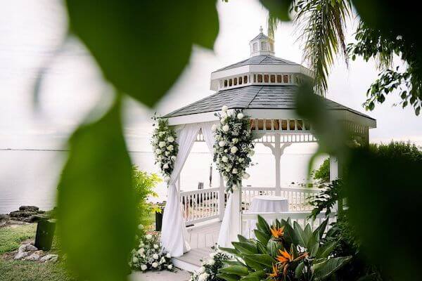 Beautifully decorated wedding pavilion at the Rusty Pelican Tampa