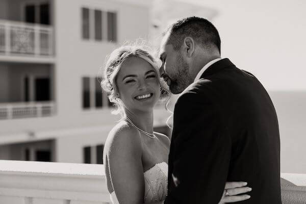 Black and white photo of bride and groom at the Hyatt Regency Clearwater