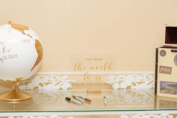 A custom designed globe as a guest book for a travel-themed wedding