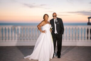 Bride and groom at sunset on the Caladesi Terrace at the Hyatt Clearwater Beach