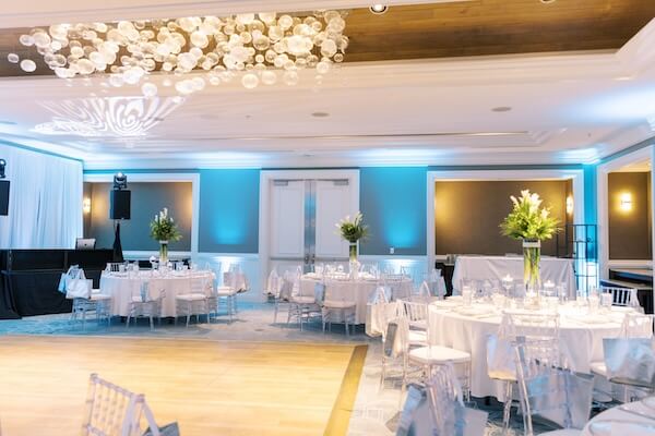 Caladesi Ballroom at the Hyatt Clearwater Beach dressed for an intimate wedding reception.