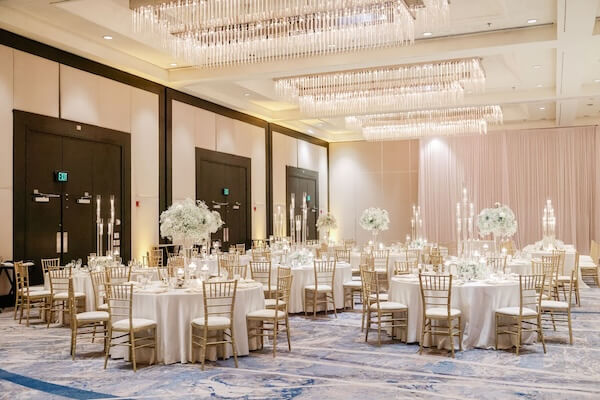 Downtown Tampa wedding reception in white, ivory and champagne.