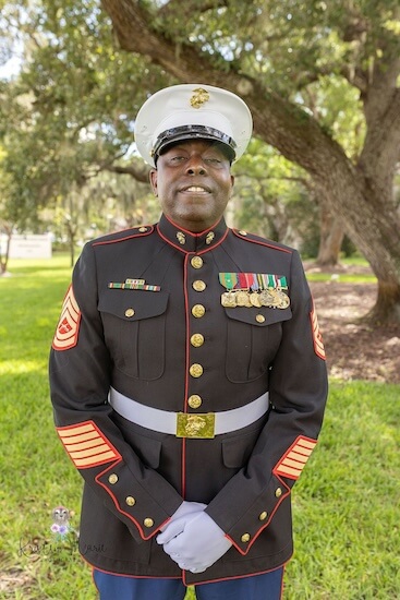 Groom in his dress blue uniform before his Tampa Garden Club wedding.