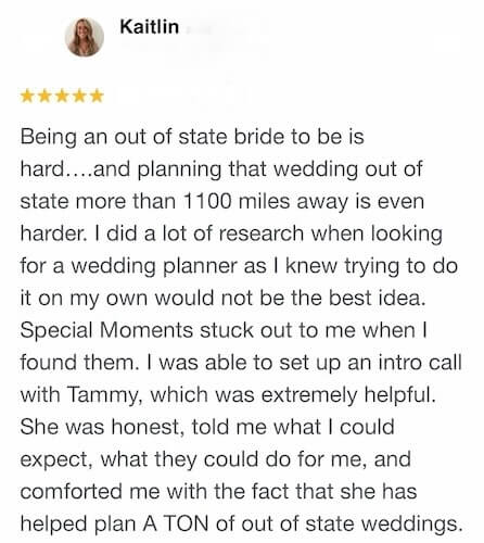 A five star review for Special Moments Event Planning.