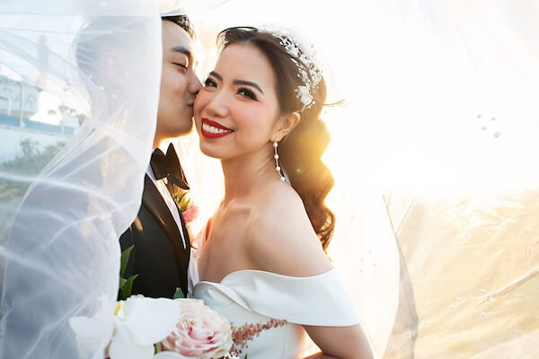 Young Asian bride and groom on their wedding day.