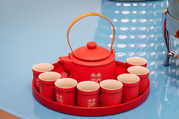 Bright red tea set for a traditional Tea Ceremony.