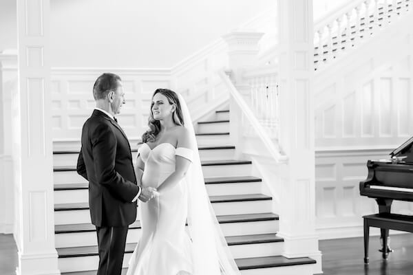 Bride and her father in the lobby of the Belleview Inn.