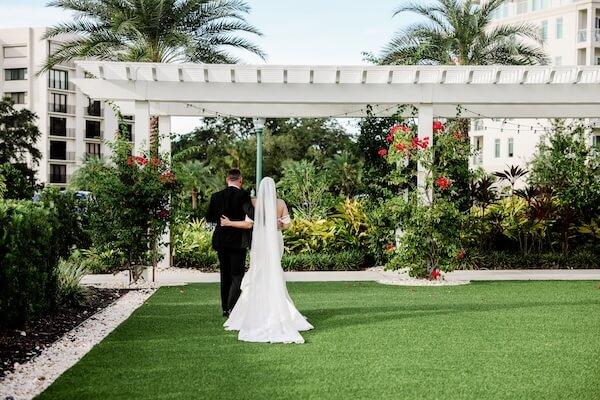 Bride and groom take some time alone after their wedding ceremony.