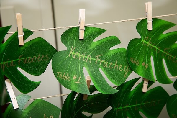 Escort cards for a tropical wedding at the Opal Sands.