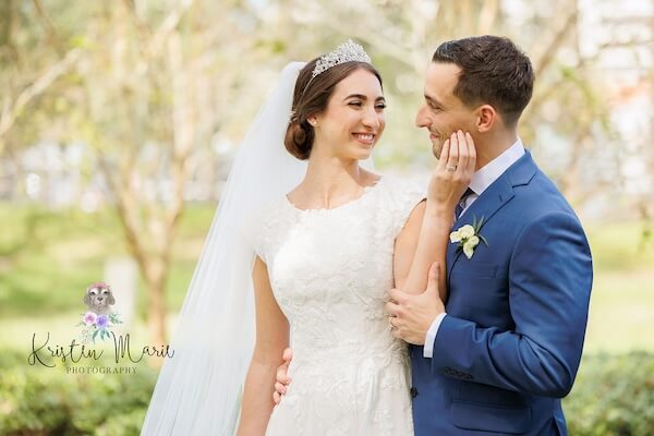 Bride and groom at their afternoon wedding at Davis Islands Garden Club.