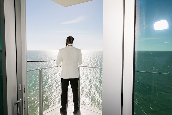 A groom on his terrace overlooking Clearwater Beach.