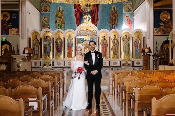A bride and groom at Holy Trinity Greek Orthodox Church in Clearwater, Florida.