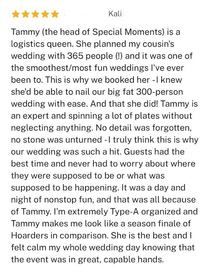 A Google five-star review for a bride and groom's Sand Key wedding.