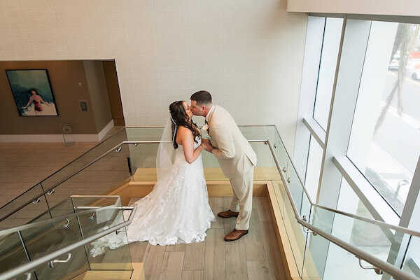 A bride and groom's first look before their Wyndham Grand wedding.