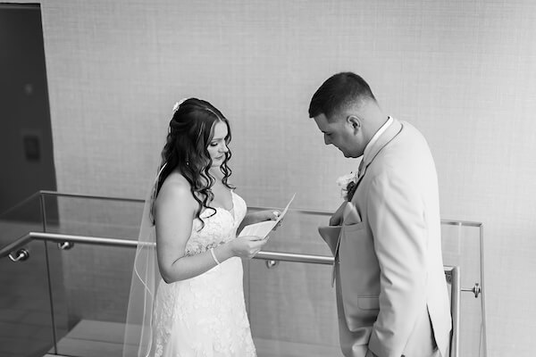 A bride and groom's first look before their Wyndham Grand wedding.