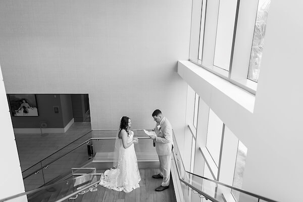 A bride and groom's first look before their Wyndham Grand wedding.