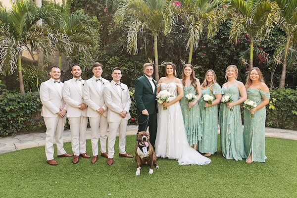 St. Petersburg, Florida, newlyweds with their wedding party and dog of honor.
