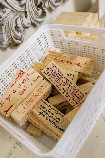 Jenga blocks for wedding guests to leave personal messages on.