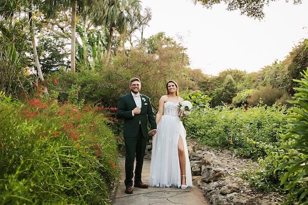 Wedding portraits at Sunken Gardens in St. Petersburg, Florida.