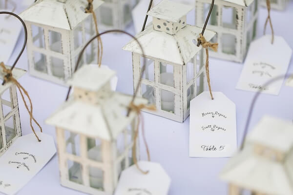White lanterns with escort cards attached were the perfect favor for an outdoor garden wedding.