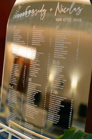 A gold mirrored seating chart for a Clearwater Beach wedding reception.