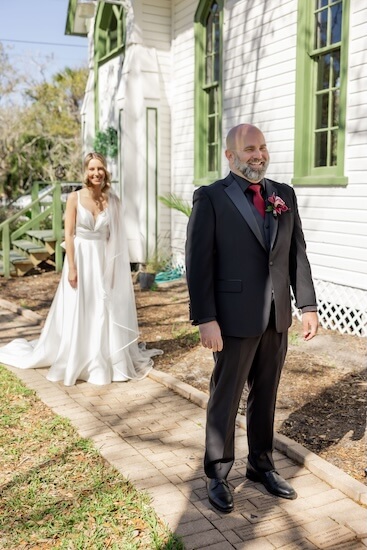 The bride and groom's first look before their Tampa Bay wedding.