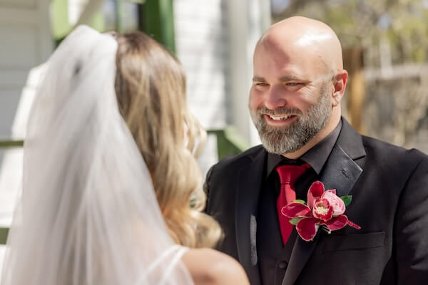 The bride and groom's first look before their Tampa Bay wedding.