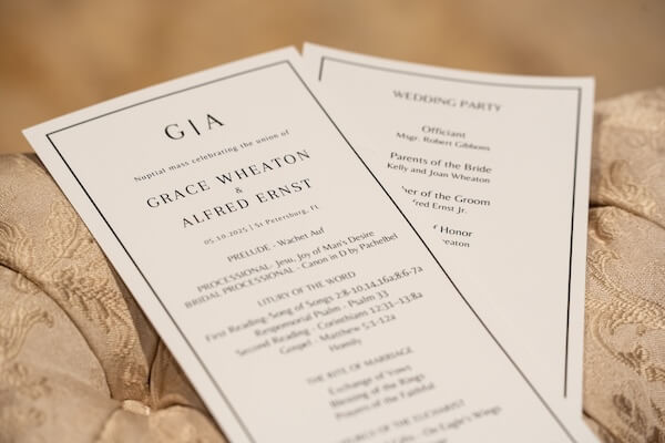 Custom wedding programs for a St. Pete wedding at St. Paul's Catholic Church.
