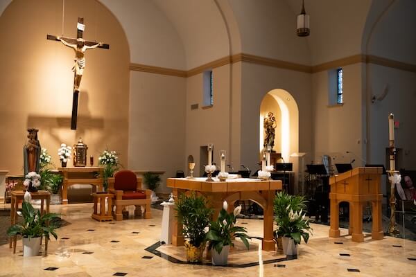 Beautiful decor inside St. Paul's Catholic Church before a St. Pete wedding.