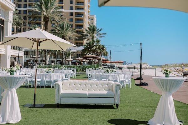 Lounge fiurniture for a Clearwater Beachfront wedding reception.