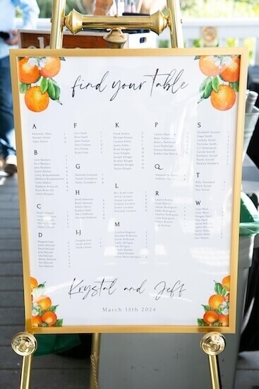 Seating chart with a citrus motif for a Florida wedding.