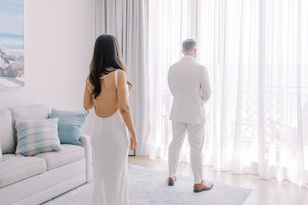 A bride and groom's first look before their Clearwater Beach wedding.