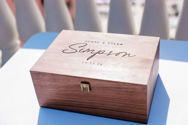 A custom engraved wine box for a Clearwater Beach wedding ceremony.