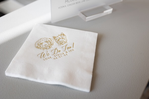 Fun custom cocktail napkins for a wedding reception.