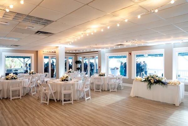 Blue and white wedding recption decor at Tampa Bay Watch.