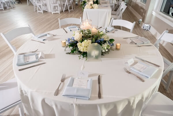 Blue and white wedding recption decor at Tampa Bay Watch.