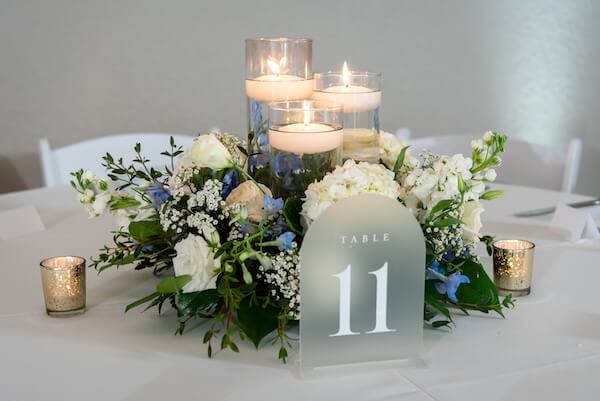 Blue and white wedding recption decor at Tampa Bay Watch.