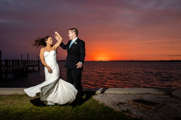 Sunset wedding photos at Tampa Bay Watch.