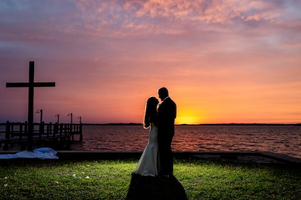 Sunset wedding photos at Tampa Bay Watch.