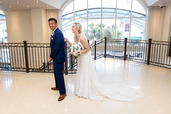 A bride and groom's first look before their Hyatt Regency Clearwater wedding.