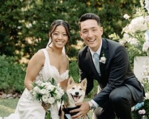 Bride and Groom with thier dog after their Tampa wedding ceremony.