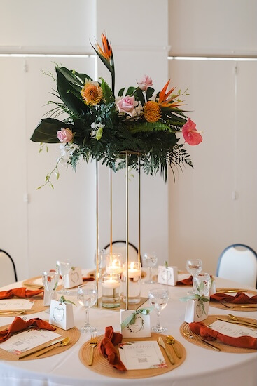 Tropical inspired wedding decor at a Tampa Garden Club wedding reception.