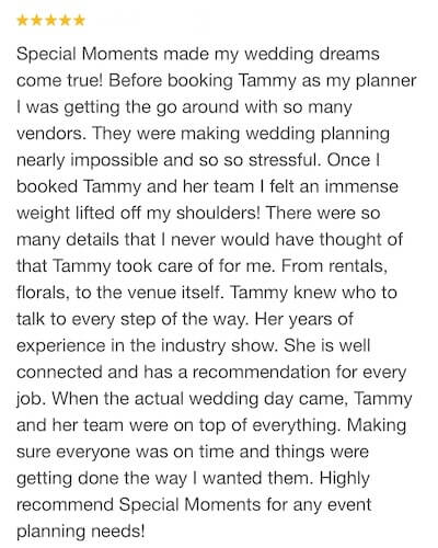 A 5-Star Google review for Special Moments Event Planning