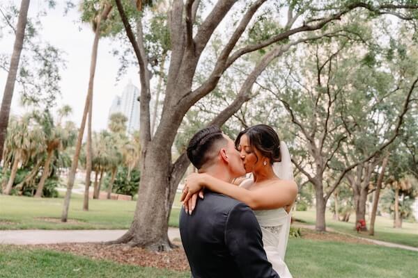 Wedding portraits in a downtown Tampa park.