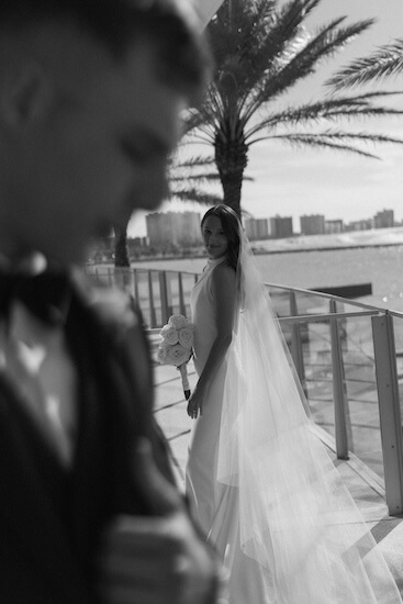 A bride and groom's first look before their Opal Sands wedding ceremony.