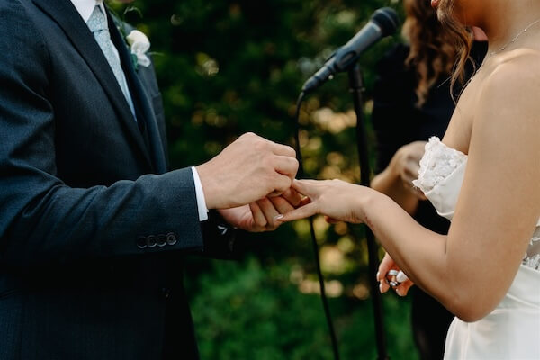 A birde and groom exchanging wedding rings.