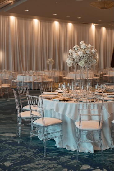 White wedding decor for an Opal Sands wedding reception.